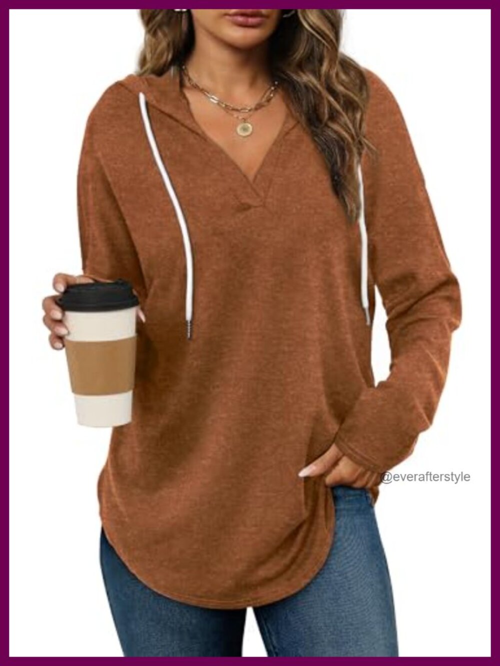 Women's V-Neck Pullover Hoodie Long Sleeve Sweatshirt Casual Fall Top
